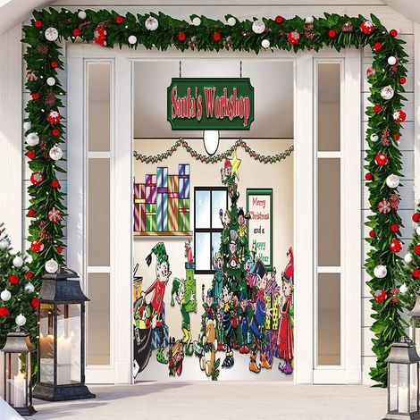 Décorations de Noël avec cloches, nœuds, flocons de neige, Père Noël, banderole « Joyeux Noël » - 90 x 180 cm (perforée + ruban) - 32