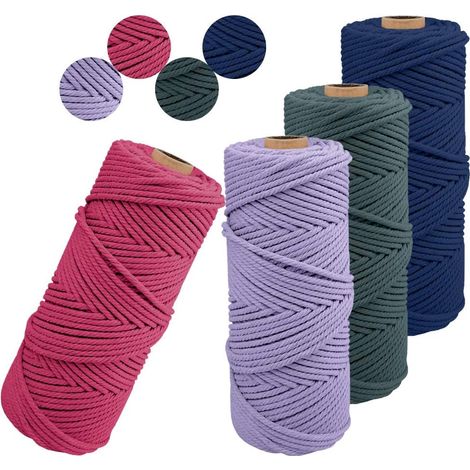Lot de 4 Corde Macramé 2mm x 100m Ficelle Naturelle Fil Macrame Coton Cordon Bricolage Cordelettes pour Tentures Murales, Suspension Plante, Décorations D'intérieur, Art Floral Creatif (B) (1/5)