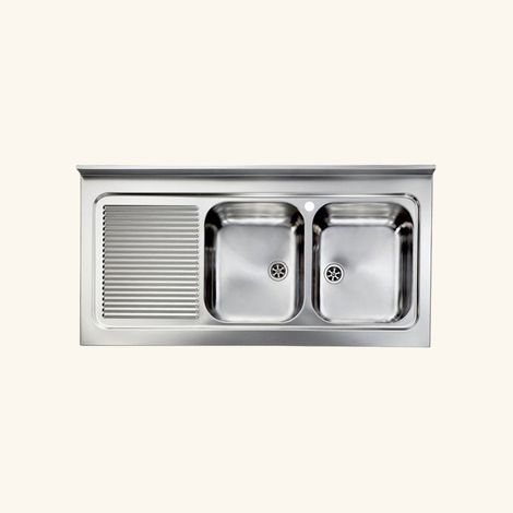 Cuisissimo – Évier professionnel à poser inox 120x60 cm – 2 bacs avec égouttoir gauche – Bonde, siphon et tuyaux inclus – Pour meuble sous évier 120 cm