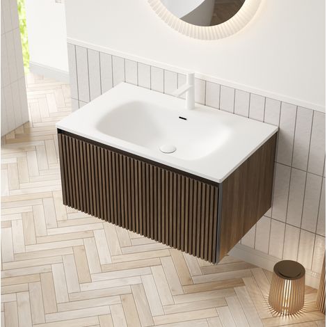 80cm Wandmontie Badezimmer-Waschtisch mit weißem Rechteckigem Keramik-Unterbauwaschbecken, Gestreiftem Sperrholz Schrank mit Schublade, Vormontiert, Braune Eichenholzmaserung Farbe (1/5)