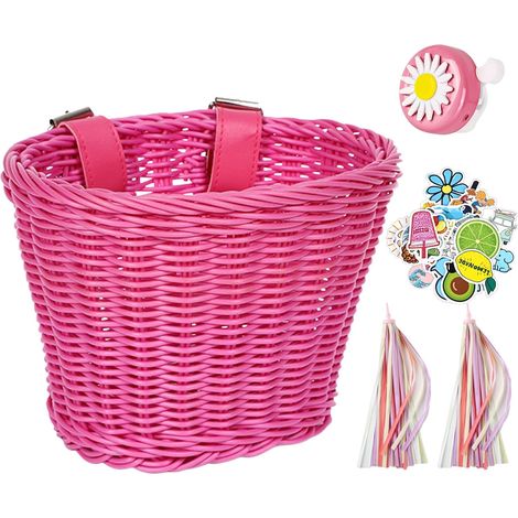 Panier de vélo avant amovible, avec sangles en polyuréthane, autocollants, glands de vélo et sonnette de vélo, panier de vélo en rotin, le panier à collation est lavable, accessoires de vélo (rose) (1/5)