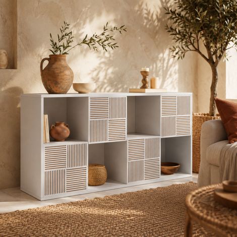 Bibliothèque 60x30x125cm, Étagère, Meuble de Rangement avec 8 Compartiments, Étagère sur Pied, Meuble de rangement 4 niveaux, portes à lattes, MDF, blanc, pour Salon, Chambre Or Bureau (1/5)