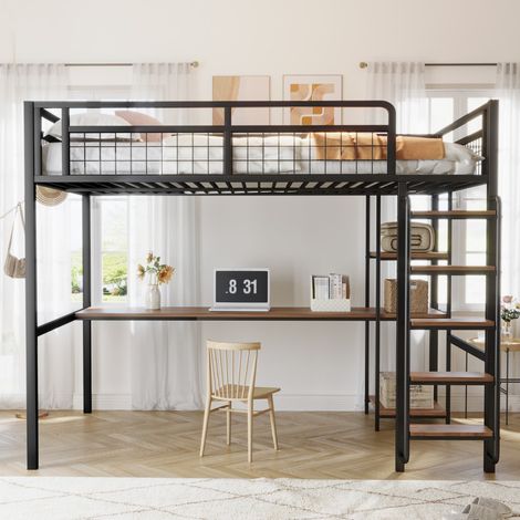 Lit Mezzanine 140x200cm - Lit Enfant en Métal - avec Bureau, Étagères et Escalier de Sécurité à Marches - Structure Robuste - Noir (1/5)