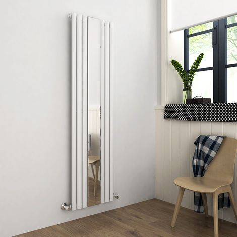 ELEGANT Central Heating Radiator 1800 x 500mm Vertical White Oval Column Panel Heating with Mirror + Angled Radiator Valves (1/5)