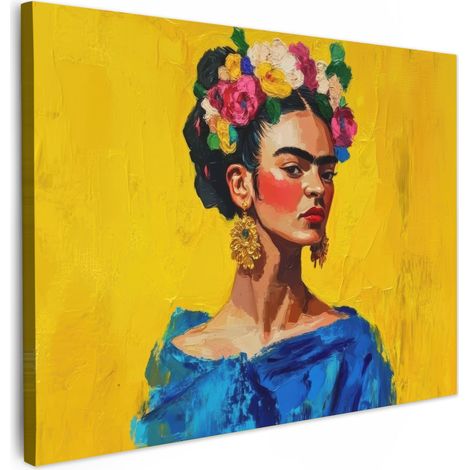CUADRO EN LIENZO Frida Kahlo - Mujer - Amarillo - Azul - Flores Cuadros 40x30 cm