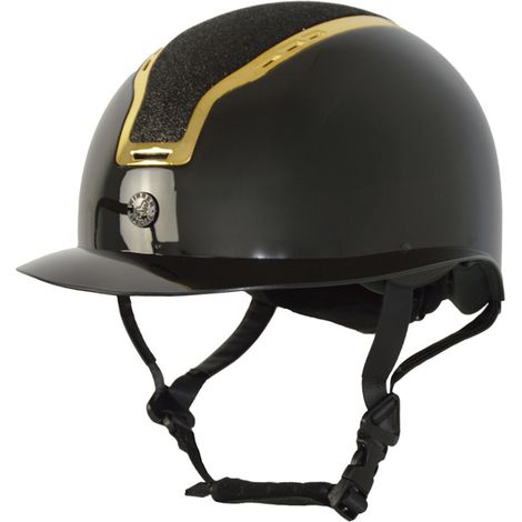57-59 CM, NERO: Casco da equitazione con calotta e visiera larga lucide con frame dorato e glitterato (1/5)