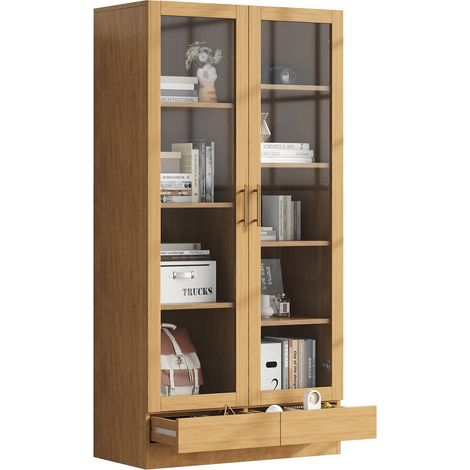 Vitrine de rangement 80 x 40 x 160 cm en bois clair et verre trempé, étagères décalées, tiroir push-to-open, meuble de salon bureau salle à manger  CHICFURN (1/5)