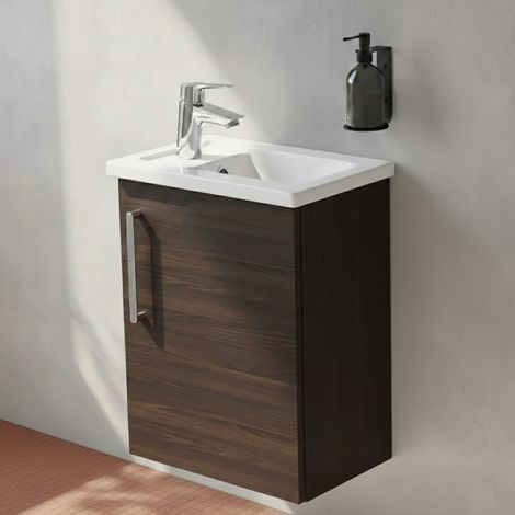 Vitra Root Flat Compact Wall Hung 1-Door RH Vanity Unit with Basin 450mm Wide - Walnut (1/4)