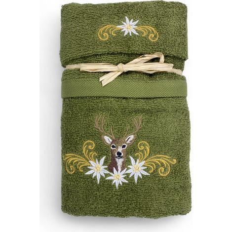 Set Asciugamani Tirolese Cervo e Stelle Alpine Verde - Tirolo - Spugna 100% Cotone - Ricamo Made in Italy (1/5)