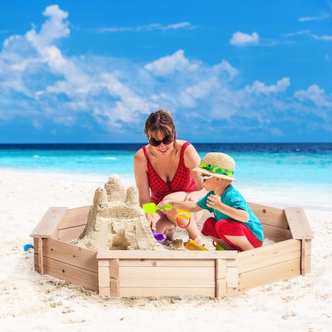 Sandkasten für Kinder mit Sitzen und Abdeckung, 3–8 Jahre, 139,5 x 139,5 x 21,5 cm, Holzfarbe