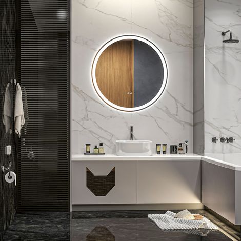 Miroir rond lumineux LED salle de bain, Ø 70 cm mural, éclairage 3 couleurs, interrupteur tactile, 23 W, blanc-argent