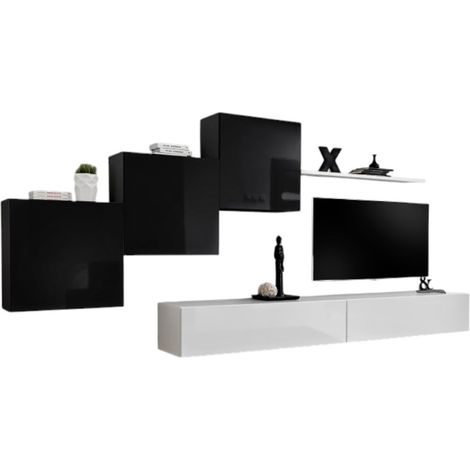 Composizione murale SWITCH X – Mobile TV da parete, cubi sospesi e mensola – Bianco e nero lucido – Design moderno (1/2)