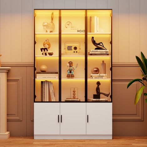 Vitrine Haute Blanche avec LED Meuble de Rangement Salon 6 Portes en Verre et MDF 120 x 32 x 200 cm (1/5)