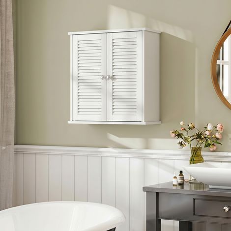 Armoire murale de salle de bain, meuble de rangement suspendu avec 2 portes persiennes et étagère réglable, blanc (1/5)