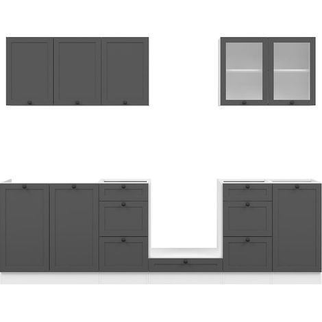 Cuisine complète 260 cm,Ensemble de meuble de cuisine coloris Blanc/Gris graphite, plan de travail non inclus (1/5)