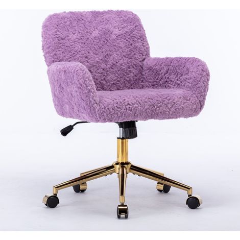 Chaise de bureau violette en fausse fourrure de lapin avec accoudoirs, hauteur réglable et base métallique dorée pivotante à 360° (1/5)