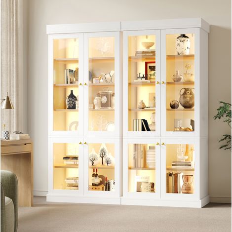 Vitrine haute blanche 160 x 40 x 180 cm avec éclairage LED, portes en verre et étagères MDF (1/5)