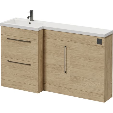 Napoli 390 Light Oak 1500mm 2 Drawer Vanity Unit Toilet Suite with Left Hand Square Lucia Basin - 1500mm - Gunmetal Grey 320mm HandleWithout Kingston Toilet Pan