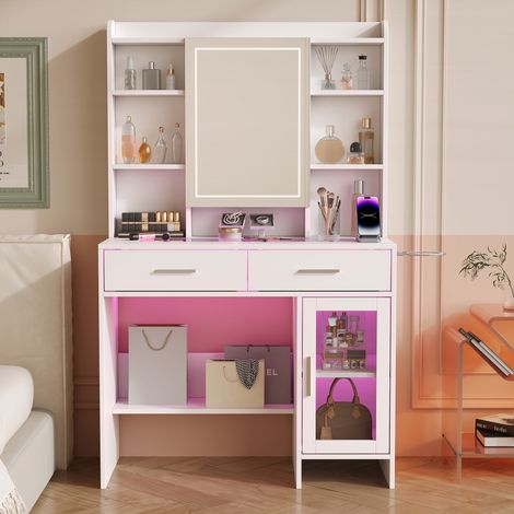 Coiffeuse avec Miroir LED - 89x40x145 cm - Étagères Ouvertes - 2 Prises et 2 USB - 2 Tiroirs - 1 Portes Verre-Style Moderne (1/5)