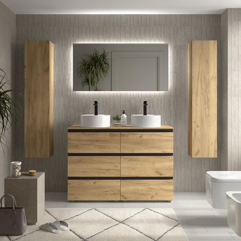 Cygnus Bath – Meuble de salle de bain 120cm chêne – Vasque à poser en porcelaine – Tiroirs à fermeture amortie – MDF résistant à l’humidité