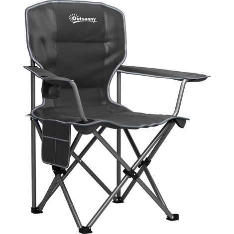 Chaise pliante de camping portable noire avec porte-verre, poches latérales et housse de transport (1/5)