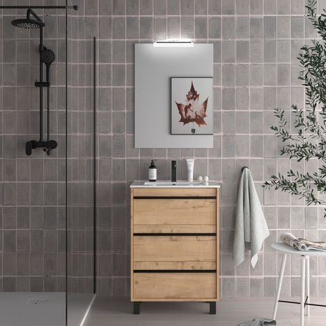 Meuble de salle de bain au sol 60 cm en chêne massif avec lavabo en porcelaine - Astoria - 60 cm Avec double colonne miroir et lampe à LED - Accessorio: Standard - Misura: 60 cm (1/5)