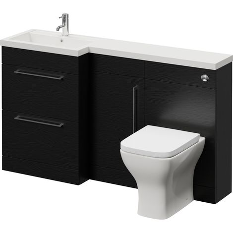 Napoli 390 Nero Oak 1500mm 2 Drawer Vanity Unit Toilet Suite with Left Hand Square Lucia Basin - 1500mm - Chrome 320mm HandleWith Kingston Toilet Pan and Seat