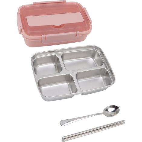 Edelstahl-Lunchbox mit 4 Fächern, auslaufsicher und geruchsdicht, tragbar für Schüler und Erwachsene, für frisches Mittagessen, rosa (1/5)