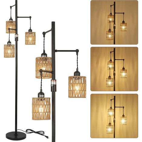 Dimmable Floor Lamp with Rattan Shade, Industrial Boho Vintage 3 Flames Floor Lamp with Dimmer for Living Room Bedroom Children's Room, Height 165cm (1/5)