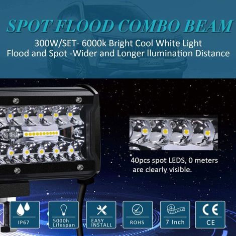 Phare de travail LED 12 V 300 W 7 pouces, étanche IP67, antibrouillard LED 27 000 lm, pour voiture, camion, tracteur, SUV, bateau (2 pièces)