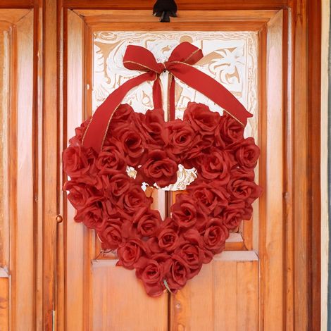 Guirlande Cœur - Guirlande Artificielle en Roses Rouges - Décoration Porte d'Entrée pour Saint-Valentin - 40 cm - 1 Pièce (1/3)