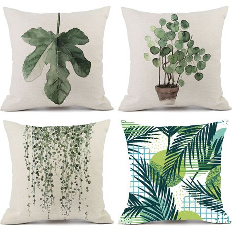 Housse de coussin décorative carrée à motifs de plantes vertes, lot de 4, cadeau idéal pour la famille et les amis.