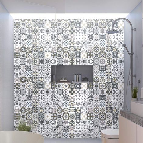 Stickers adhésifs carrelages Sticker Autocollant Carreaux de Ciment Mosaïque carrelage Mural Salle de Bain et Cuisine Carreaux de Ciment adhésif Mural azulejos 10 x 10 cm 30 pièces (1/5)