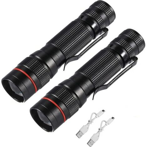 Torches LED Lampes de poche tactiques rechargeables Lumen élevé Super lumineux Mini petite lampe torche de poche 3 modes Lanterne portable (lot de 2) (Noir) (1/4)