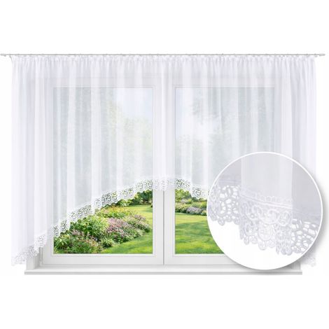 Klassischer, fertig zum Aufhängen bereiter Vorhang für Wohn- oder Schlafzimmer, transparent mit Bindebändern, glatt weiß, 400 x 90 cm, Guipure