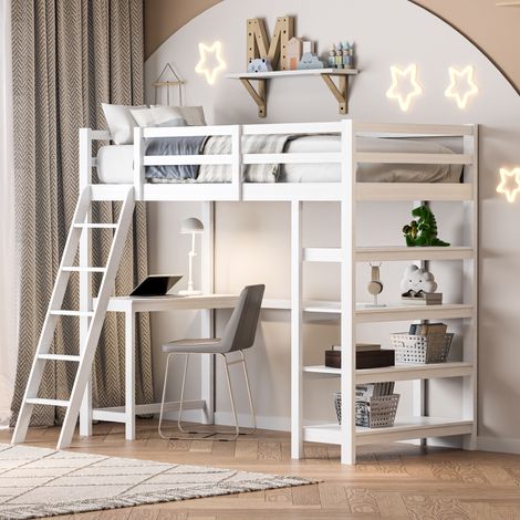 Hochbetten 90x200 cm mit Schreibtisch und 4 Stauraumelementen, Treppe, Absturzsicherung, Lattenrost, Massivholzbettrahmen, für Jugendliche und Erwachsene geeignet - Weiß (1/5)