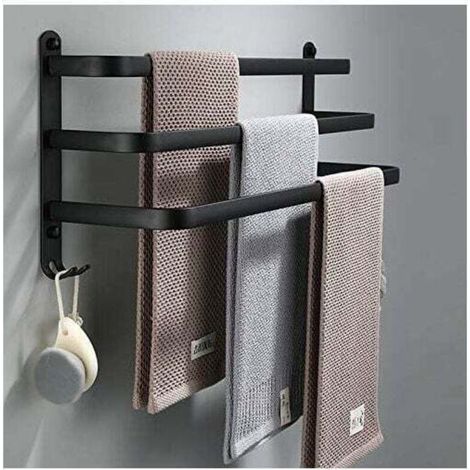 Portasciugamani da bagno, barre adesive nere da parete per doccia e cucina, barre impermeabili con gancio (40 cm, tre barre) (1/4)