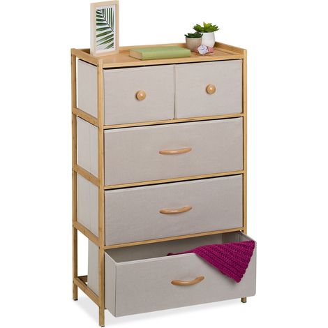 Relaxdays Kommode, Bambus, 5 Stoffschubladen, Flur, Schlafzimmer, HBT 94 x 58 x 32,5 cm, Schubladenschrank, natur/beige