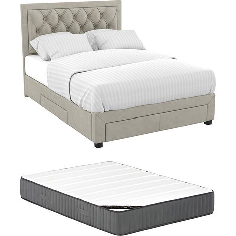 Letto con cassetti 140 x 190 cm in Tessuto Velluto Beige + Materasso - LEOPOLD