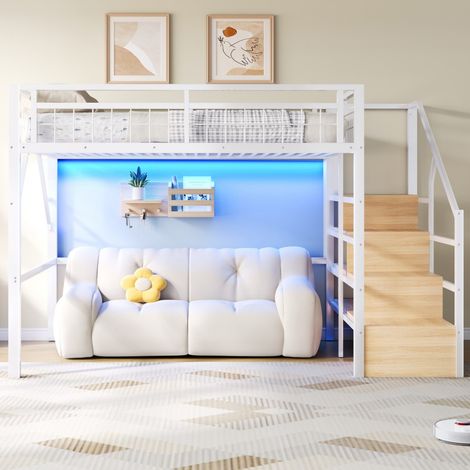 Lit Mezzanine 140x200 cm - Lit Enfant Escalier Rangement, LED App, Espace Libre Sous Lit - Métal & MDF - Blanc (1/5)