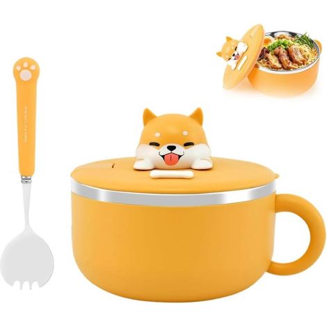 Ramen Schüssel Instant mit gelben Griffen, Deckel Gabel, Doppelwand Isolation sichere Befestigung (1/5)