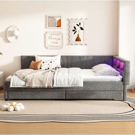Bett 140x200 mit Stauraum LED USB Leinen Grau HAVRYA (1/5)