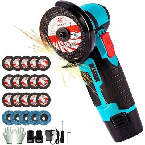 500 W 12 V Akku-Mini-Winkelschleifer + 2 Akkus + 5 Fächerscheiben + 15 Schleifscheiben