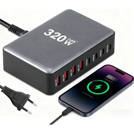 Station de charge rapide USB‑C 320 W, 8 ports (4 USB‑C + 4 USB‑A) PD3.0, adaptateur pour ordinateur portable, MacBook, iPhone, Samsung, avec socle et câble secteur amovible (1/5)