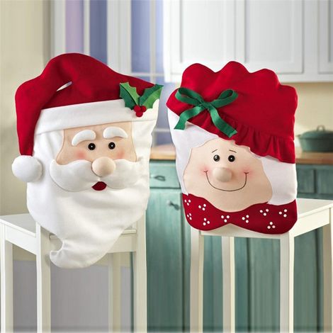 Lot de 4 housses de chaise de Noël, motif Père et Mère Noël, housses festives pour dossier de chaise, décorations de fête, cuisine et salle à manger pour les fêtes. (1/5)