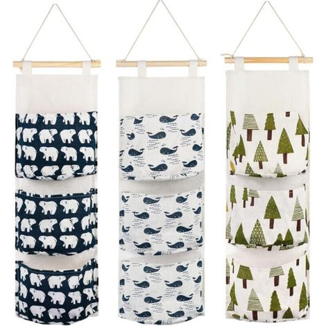 Sac de rangement suspendu 3 pièces avec 3 poches en tissu de qualité supérieure étagère murale panier sac de rangement organisateur pour chambre salle de bain cuisine - étanche et élégant (ours/arbre/