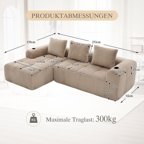 Canapé modulaire kaki en velours côtelé – 3 coussins inclus, poche de rangement et porte-verre. Confort premium pour assises prolongées, idéal salon ou bureau. Doux et pratique.