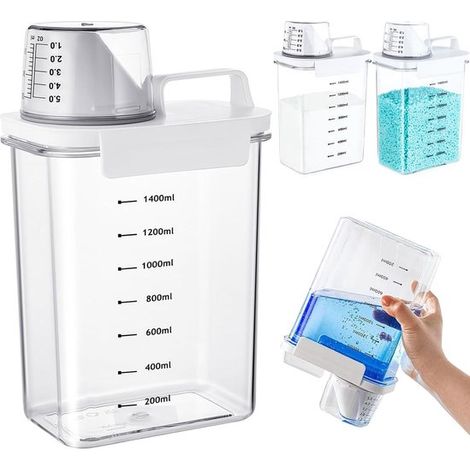 Distributeur de lessive, distributeur hermétique de lessive de 1800 ml avec doseur, boîte de rangement pour lessive en poudre, cartouche de lessive transparente