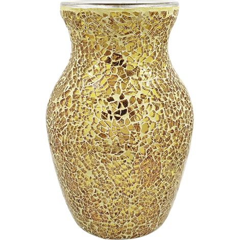 Jarrón decorativo de mosaico hecho de vidrio craquelado color oro – 20,5 cm de alto, 1100 g – Pieza única hecha a mano para decoración de mesa y accesorios para el hogar. (1/5)