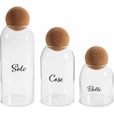 Barattoli alimentari in vetro con tappo in sughero a sfera con scritte Solo Cose Belle, set da 2 pezzi, Grande: Ø 9 cm x 23,5 H